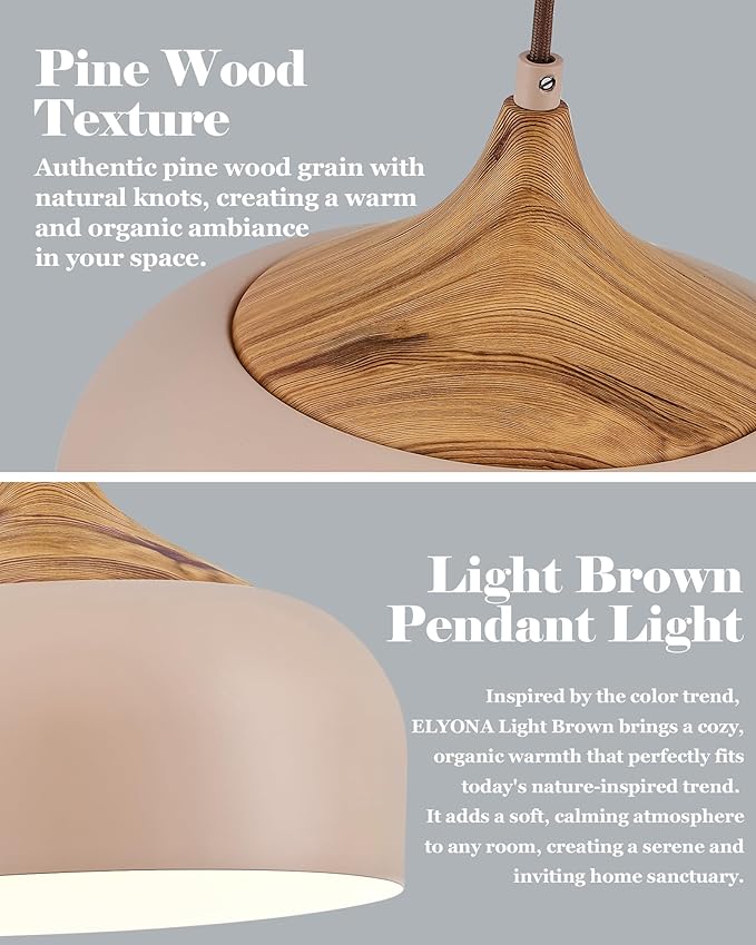 ELYONA 12 Inch Modern Pendant Light for Kitchen Island Farmhouse Hanging Lamp with Faux Pine Wood Grain Metal Shade, Adjustable Wabi Sabi Boho Ceiling Fixture for Dining Room Bedroom,Light Brown