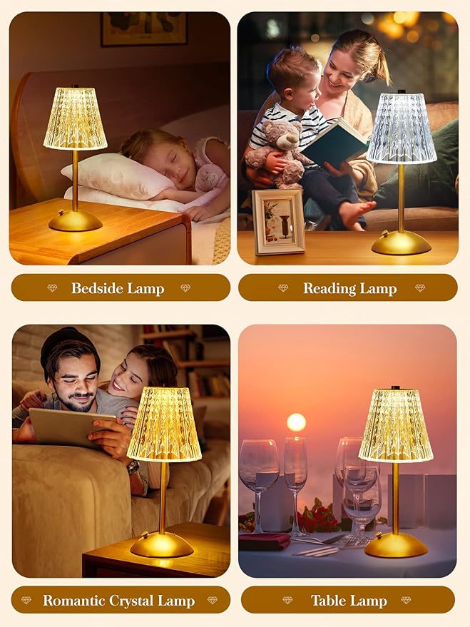 【3200mAh】Brass Table Lamp, 3 Colors+Dimmable+Touch Crystal Lamp LED Gold Lamp, Mood Lighting Mood Light, Brass Decor for Bedroom/Bathroom/Kitchen/Dinner/Bar/Entryway/Buffet, Traditional Home Decor