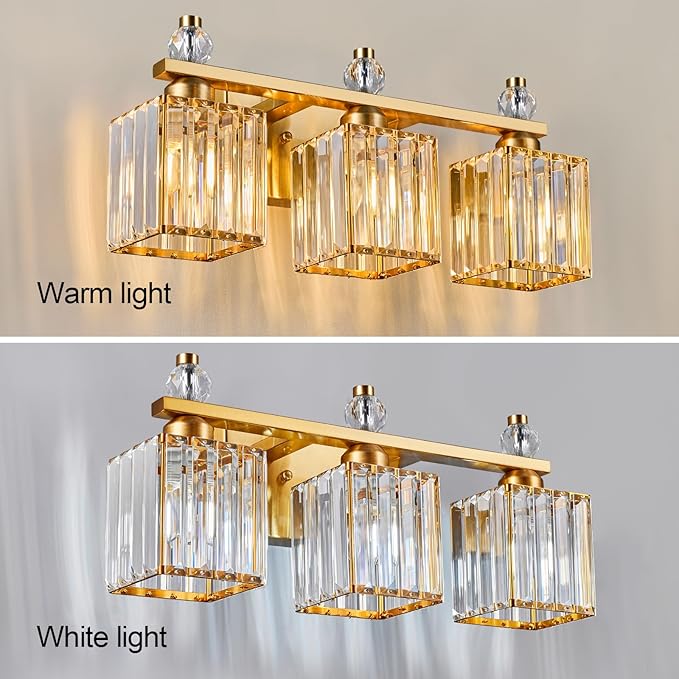 Bathroom Vanity Lights 3-Light Modern Crystal Vanity Light Gold Bathroom Light Fixtures Over Mirror Crystal Bathroom Vanity Lighting Fixtures - Aura Lighting