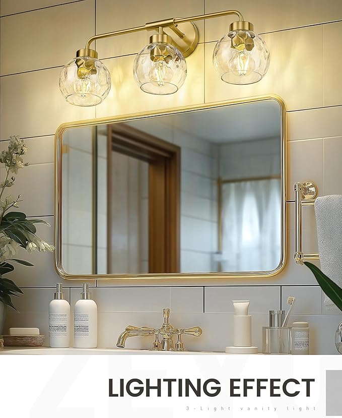 zeyu Modern Bathroom Vanity Light, 23 Inch 3-Light Gold Bathroom Light Fixtures, Water Ripple Globe Glass, Brushed Gold Finish, ZS62BG-3W BG-WG