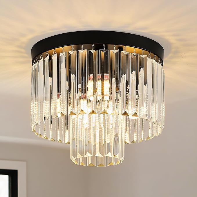 12.6" Black Crystal Ceiling Light 4-Light Modern Fixture 2-Tier Luxury K9 Crystal, for Dining Room Kitchen Island Living Room Bedroom - Aura Lighting