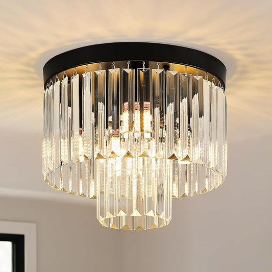 12.6" Black Crystal Ceiling Light 4-Light Modern Fixture 2-Tier Luxury K9 Crystal, for Dining Room Kitchen Island Living Room Bedroom - Aura Lighting