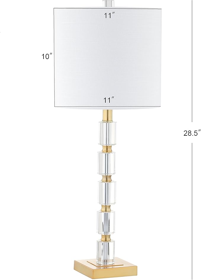 JONATHAN Y 28.5" Clear and Brass Gold Crystal Table Lamp Set of 2, Modern Glam Geometric Bedside Lamps for Living Room, White Linen Drum Shade, UL Listed, LED Bulbs Included JYL5001A-SET2