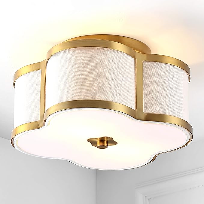 JONATHAN Y 13" Brass Gold Modern Scalloped LED Flush Mount Ceiling Light Fixture, White Linen Shade Quatrefoil Chandelier for Bedroom Living Room Kitchen Hallway Foyer (JYL9507B)