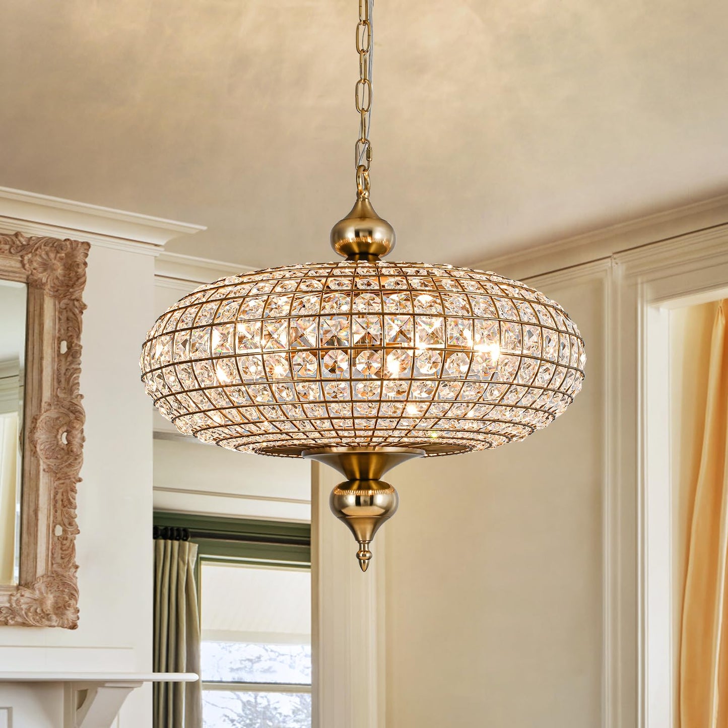 Brass Crystal Chandelier 20.5" Vintage Dining Room Chandelier Over Table