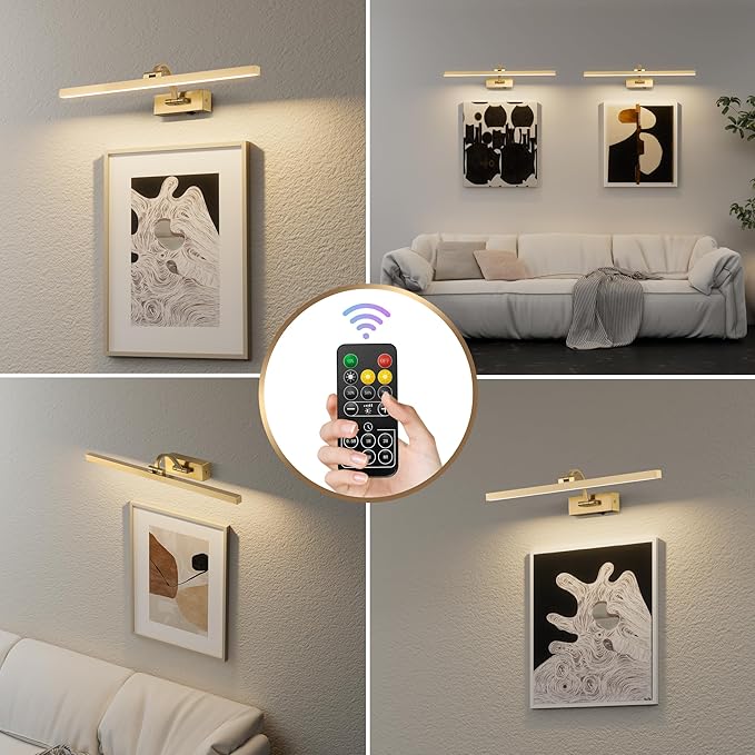 Wireless Picture Lights for Wall,23.5 Inch Brass Art Light for Paintings,Battery Operated Picture Lights with Remote Control,Dimmable Rechargeable Art Lamps for Picture Frame,Gallery