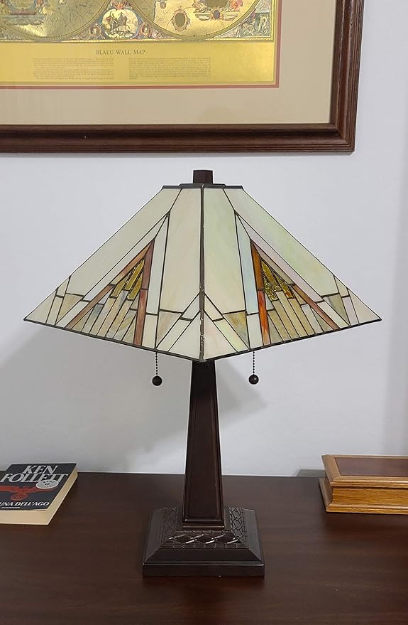 Tiffany Style Table Lamp Banker Mission 23" Tall Stained Glass Tan Brown Vintage Antique Light Décor Night Stand Living Room Bedroom Handmade Gift AM348TL14 Amora Lighting