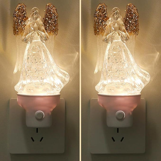 2 Pack Christmas Angel Night Light Plug into Wall Glitter Water Nightlight with USB/Outlet Options, Christmas Decorative Nightlight for Bedroom Kitchen Nursery Holiday Decorations Gifts (Angel)