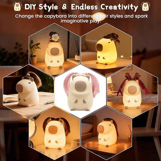 Cute Capybara Night Light with DIY Hairstyle ,Squishy Silicone Lamp, Nursery Nightlight for Kids, Rechargeable Touch Bedside Lamp, Bedroom Decor, Baby Boys Girls,White Elephant Gifts,Funny Xmas Gifts