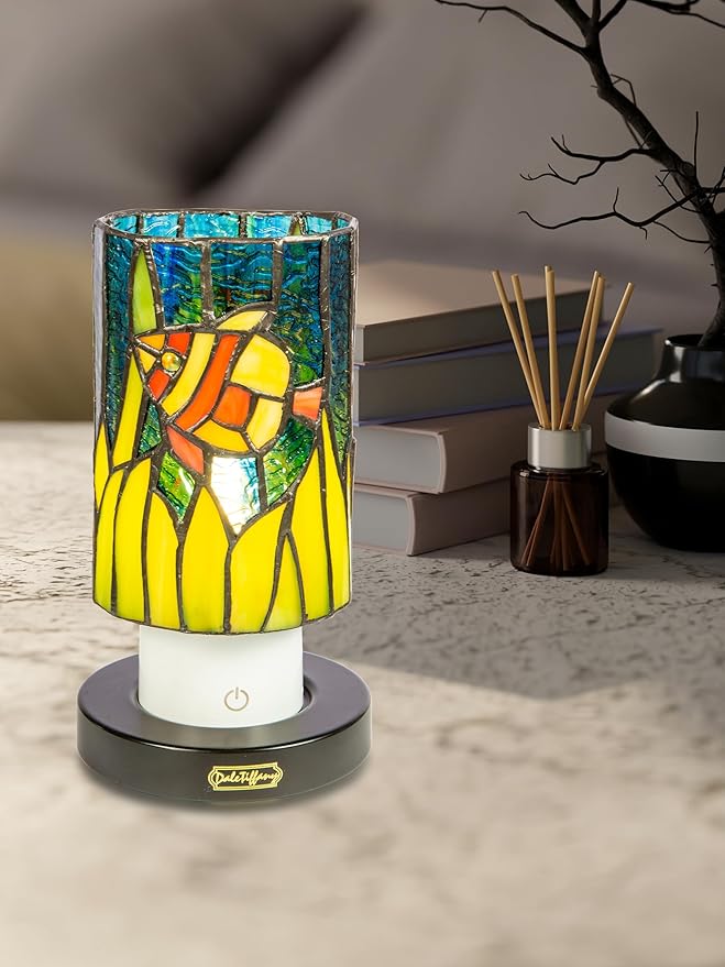Dale Tiffany TAR24121 Royal Angelfish Uplight Tiffany Accent Lamp with Built-in Rechargeable Battery and 3-Level Brightness, Multicolor, 8.5-Inch Tall