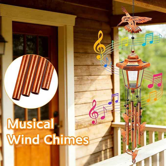 Hummingbird Solar Wind Chimes for Outside, Birthday Gifts for Mom Women Grandma Mother's Day Memorial, 34-Inch Windchimes with Wind Spinner, Outdoor Hanging Solar Lights Yard Garden Decor, 2 Pack