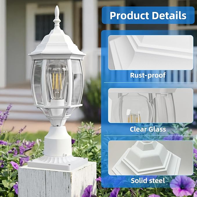 2 Pack White Outdoor Lamp Post for Patio Pathway, 17inch White Outdoor Post Light Fixture for House Pier Mount Outside Lighting Exterior Pole Lamp 17” Coach Light