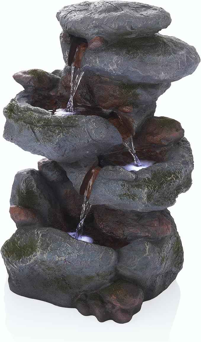 Alpine Corporation 22" Tall 3-Tier Outdoor Rock Waterfall Fountain with LED Lights, Natural Stone Look for Garden, Patio, Yard & Porch Decor, Gray