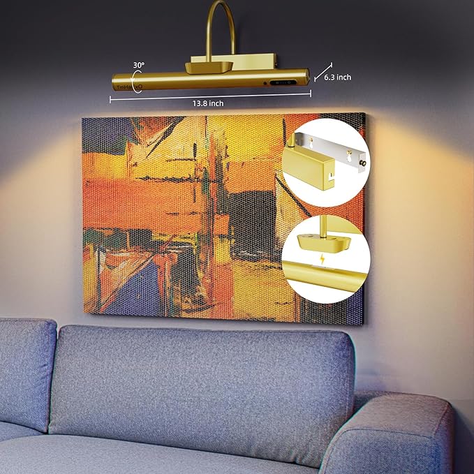 Wireless Picture Light, Battery Operated LED Painting Lights with Remote Control, Dimmable, Timer for Art Frame (Gold-13.8inch)