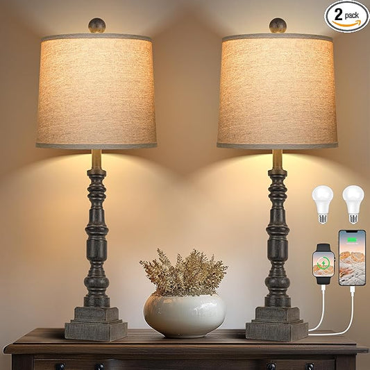 PARTPHONER 28" Table Lamp for Living Room Set of 2, Rustic Buffet Lamps with USB A+C, Farmhouse Bedroom Lamp, Vintage Mid Century Bedside Nightstand Lamps for End Table Home Decor Office Antique Grey