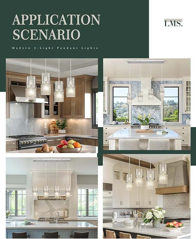 LMS 4-LightIsland Lighting, Brushed Nickel Kitchen Island Light Fixture, Farmhouse Linear Chandeliers for Dining Room Over Table Pendant Light with Hammered Glass for Living Room, LMS-171BN4L - Aura Lighting