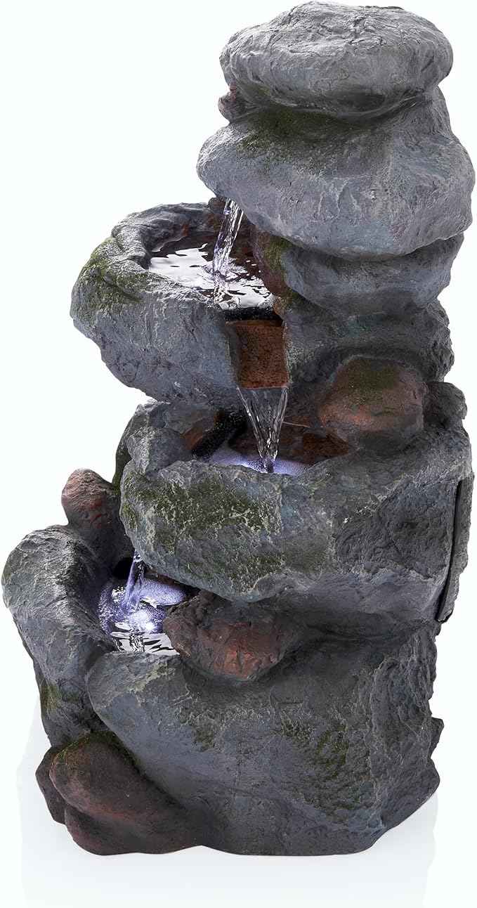 Alpine Corporation 22" Tall 3-Tier Outdoor Rock Waterfall Fountain with LED Lights, Natural Stone Look for Garden, Patio, Yard & Porch Decor, Gray