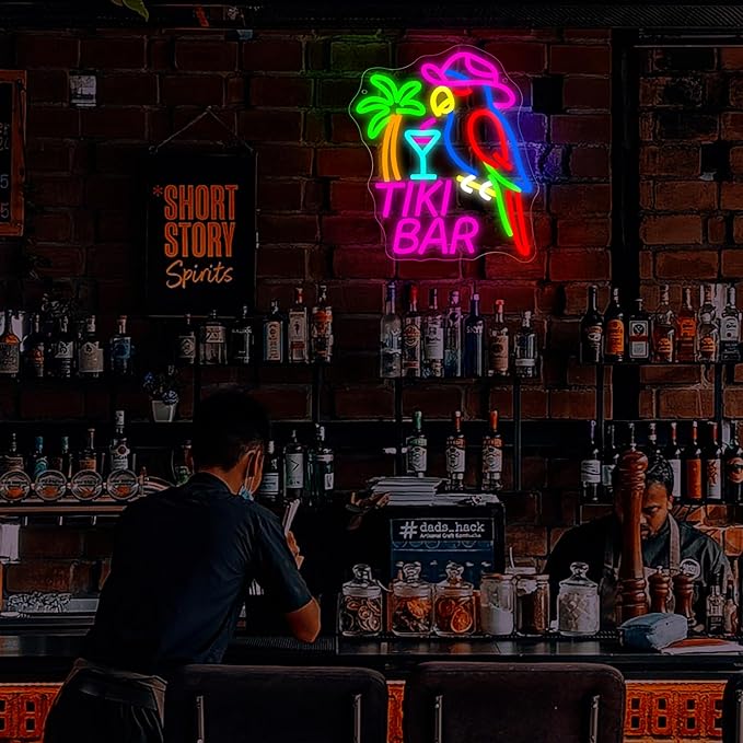 Tiki Bar Neon Sign for Wall Decor Dimmable Parrot Cocktail Neon Light for Man Cave Hawaii Beach Sign for Pub Home Bar Beer Shop Beach Party Bedroom Christmas Birthday Gift Size 12.9 * 11.1In (WZCP193)