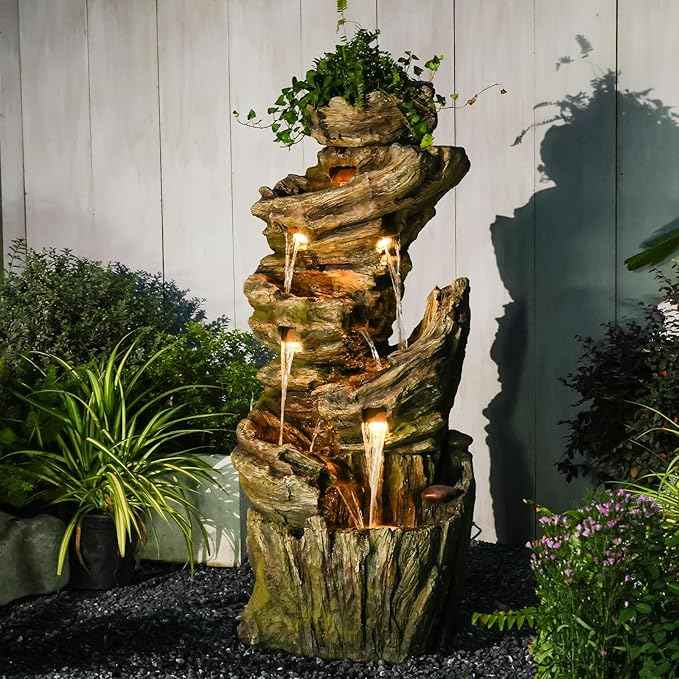 55" H Outdoor Water Fountain 7-Tiers Large Cascading Imitative Wood Natural Waterfall Outdoor Fountains Resin Floor Standing Foutain with LED Lights for Garden, Patio, Porch
