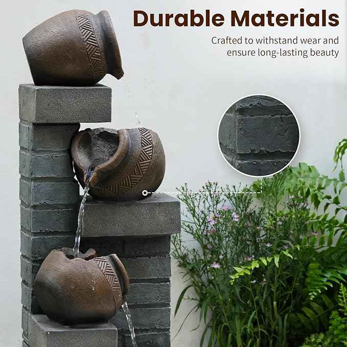 Water Fountain Outdoor 4-Tiers Cascading Realistic Bowls Waterfall Clay Pot Design Outdoor Fountain Resin Imitation Wood with LED Lights for Garden, Patio, Porch 42" H