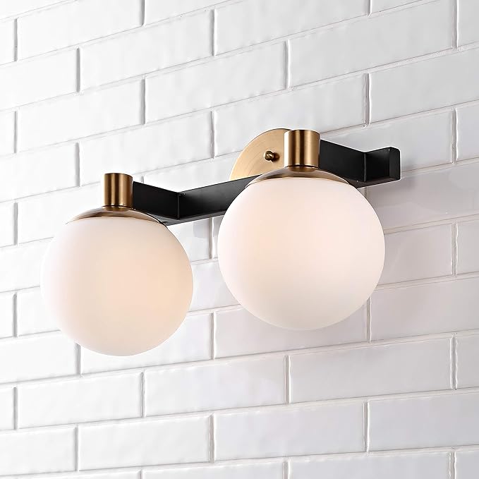 JONATHAN Y 5.75" Brass Gold/Black Modern Globe LED Vanity Wall Sconce Light, White Frosted Glass Shade, Mid-Century Art Deco Wall Lamp for Bathroom, Kitchen, Hallway (JYL3541A)