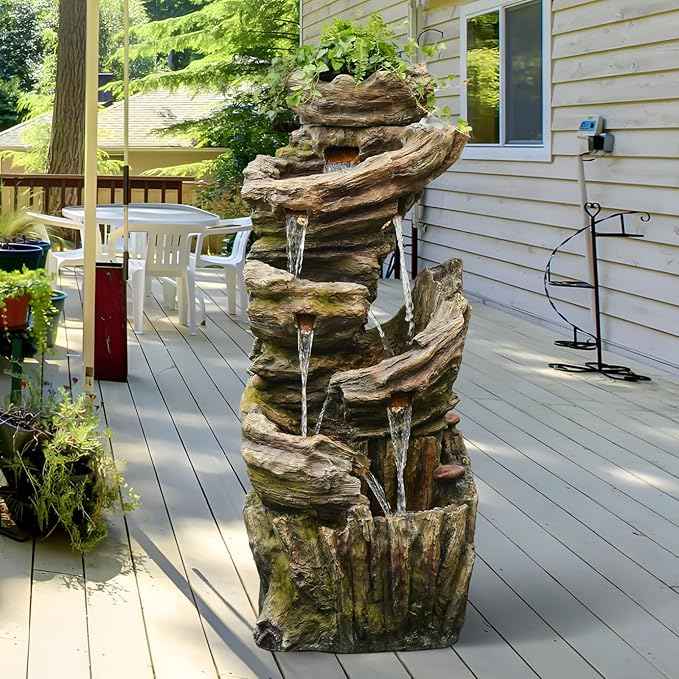 55" H Outdoor Water Fountain 7-Tiers Large Cascading Imitative Wood Natural Waterfall Outdoor Fountains Resin Floor Standing Foutain with LED Lights for Garden, Patio, Porch