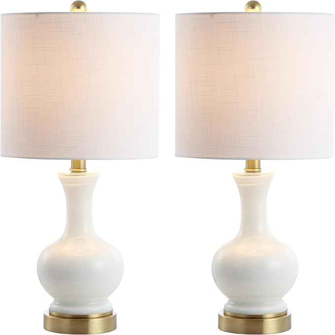 JONATHAN Y 22" White Modern Glass Table Lamp Set of 2, Brass Gold Bedside Lamp with White Linen Shade for Bedroom Living Room, LED Bulbs Included JYL4033A-SET2