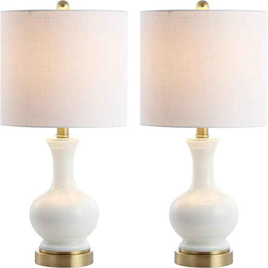 JONATHAN Y 22" White Modern Glass Table Lamp Set of 2, Brass Gold Bedside Lamp with White Linen Shade for Bedroom Living Room, LED Bulbs Included JYL4033A-SET2