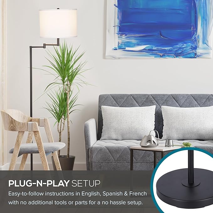 Catalina Lighting 24288-000 Traditional Swing Arm Floor Lamp for Office, Living Room, Dorm or Bedroom, Smart Home Compatible, Bulb Not Included, 60", Black