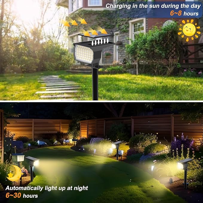 Solar Spot Lights Outdoor Waterproof IP65, 12 Pack Landscape Spotlights with 46 LEDs, 3 Modes Auto On/Off Solar Powered Flood Lights for Outside Pathway, Yard, Garden, Walkway (Warm White) - Aura Lighting