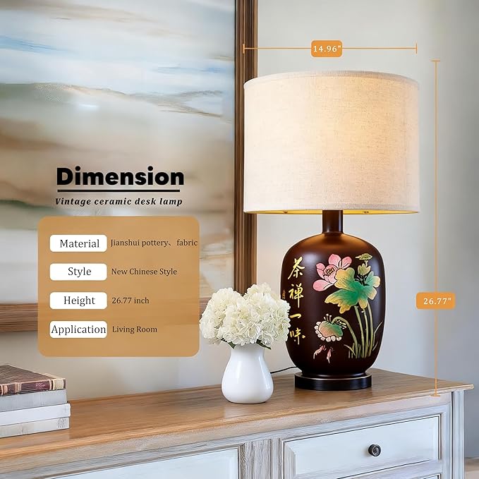 Jianshui Pottery Table Lamp with Lotus & Calligraphy Design, New Chinese Style Ceramic Lamp with Fabric Shade, 26.77” Tall, Soft Warm Light for Living Room, Bedroom, Guest Room & Reception Area