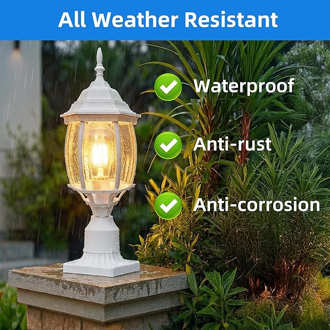 2 Pack White Outdoor Lamp Post for Patio Pathway, 17inch White Outdoor Post Light Fixture for House Pier Mount Outside Lighting Exterior Pole Lamp 17” Coach Light