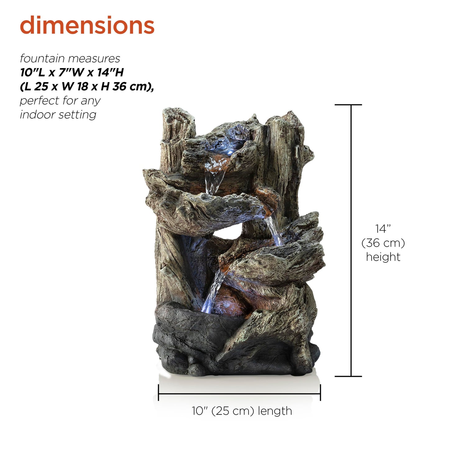 14"H Indoor Tiered Log Tabletop Fountain with LED Lights