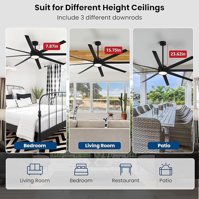 Ceiling Fans with Lights, 84 Inch Ceiling Fan with Light and Remote,Living Room Library Cafe Outdoor/Industrial, 3CCT 8 Blades 6 Speed Reversible Quiet DC Motor, Black/A