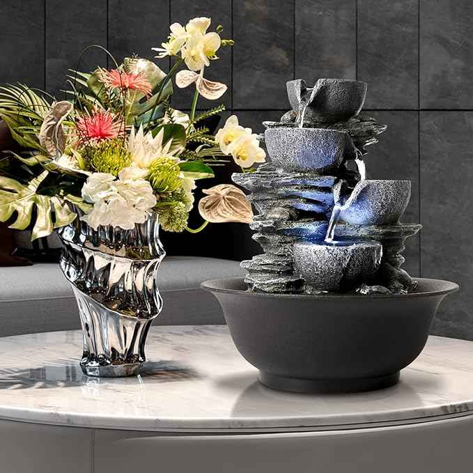 WICHEMI Tabletop Fountain Warer Fountains Indoor Waterfall Fountain Indoor Relaxing Water Feature Meditation Fountains with LED Light for Home Office Bedroom Decor (Style 15)
