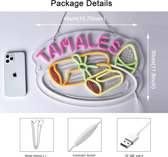 Tamales Neon Sign, Neon Lights Hanging Wall Art Decoration for Business Restaurant Store Shop Market Food Truck Home Decor, USB Powered Ultra Bright Dimmable,15.75×11.8inches
