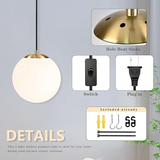 KoKo&Yukina 8" Globe Pendant Light Gold Plug in Pendant Light Adjustable Hanging Lights with Plug in Cord Brushed Gold Finished with Milk Glass Lampshade for Bedroom Kitchen Island（Bulb Included）