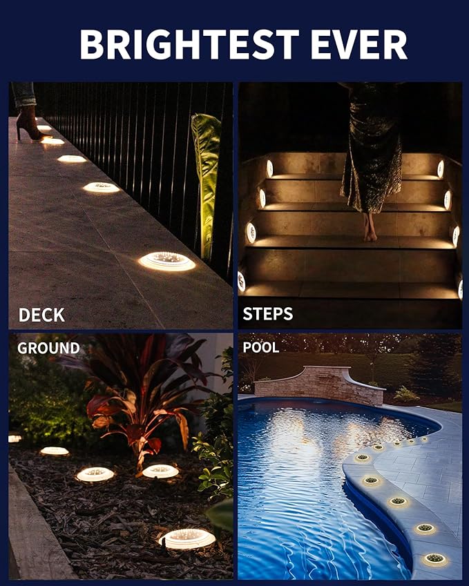 Solar Dock Lights, Crazy 48 LEDs Super Bright Disc Driveway Light, Outdoor Waterproof Flat Low Profile, Anti-Trip & Anti-Slip for Marine, Ground, Pool, Pier, Deck (Warm White, 12Pack)