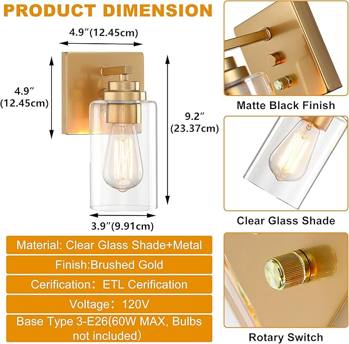 Pia Ricco Wall Sconces Set of 2, Bedside Wall Lamps with Rotary Switch for Bedroom, Modern Bathroom Light Fixtures with Clear Glass Shade, Gold Sconces Wall Lights for Living Room, Hallway, Kitchen - Aura Lighting