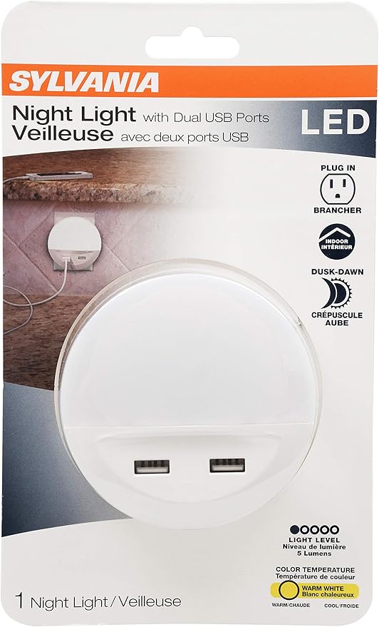 LEDVANCE Sylvania LED Night Light with Dual USB Ports, 22 Year, Dusk to Dawn, Frosted Finish, 3000K, Warm White - (Pack of 1)(65005)
