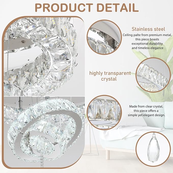 Flashing God Dia 20" Modern Crystal Chandelier for Dining Room Silver Ceiling Chandelier Flush Mount Ceiling Light for Living Room Bedroom Hallway LED Light Fixture Dimmable with Remote