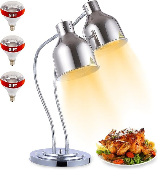 Food Heat Lamp - [3 Bulbs Included] [Rapid-Heating], 500W Commercial Food Warmer Light, Heat Lamp for Food, Catering Warming Lamp for Buffet Parties, Polished Silver,N2