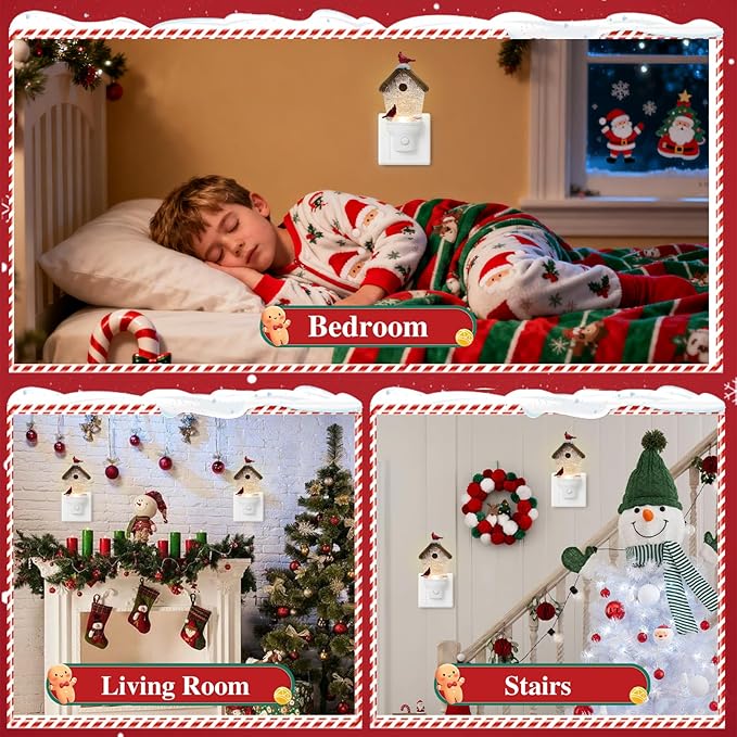 2 Pack Christmas Birdhouse Night Light Plug into Wall Glitter Water Nightlight with USB/Outlet Options, Christmas Decorative Nightlight for Bedroom Kitchen Holiday Decorations Gifts (Birdhouse)
