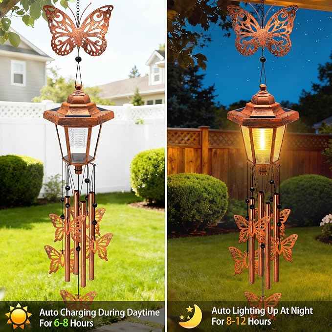 Large Solar Butterfly Wind Chimes, Gift for Women Mom Grandma Wife Sister Daughter Neighbor, Classic Bronze Wind Chimes With Wind Catcher, Solar Decor Lights For Outdoor Garden Patio Yard Porch Window
