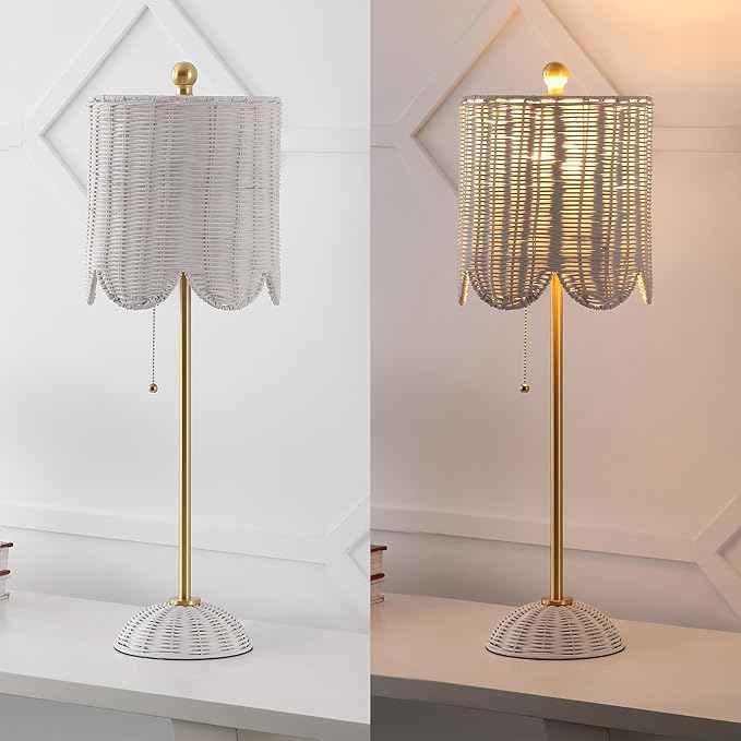 JONATHAN Y 27.5" White/Brass Gold Coastal Buffet Table Lamp Set of 2 for Bedroom, Boho Table Lamps with Natural Rattan Scalloped Shade, Pull Chain, LED Bulbs Included (JYL1138B-SET2)