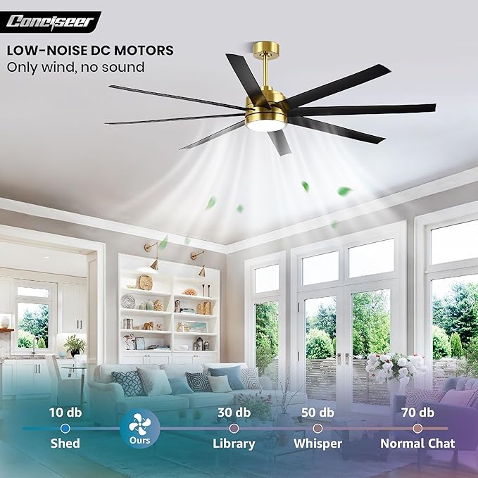 65 Inch Ceiling Fans with Lights and Remote for Bedroom Living Room Kitchen Office, Indoor/Outdoor Use, 3CCT, 8 Blades 6 Speed Reversible Dimmable Quiet DC Motor, Gold/Black