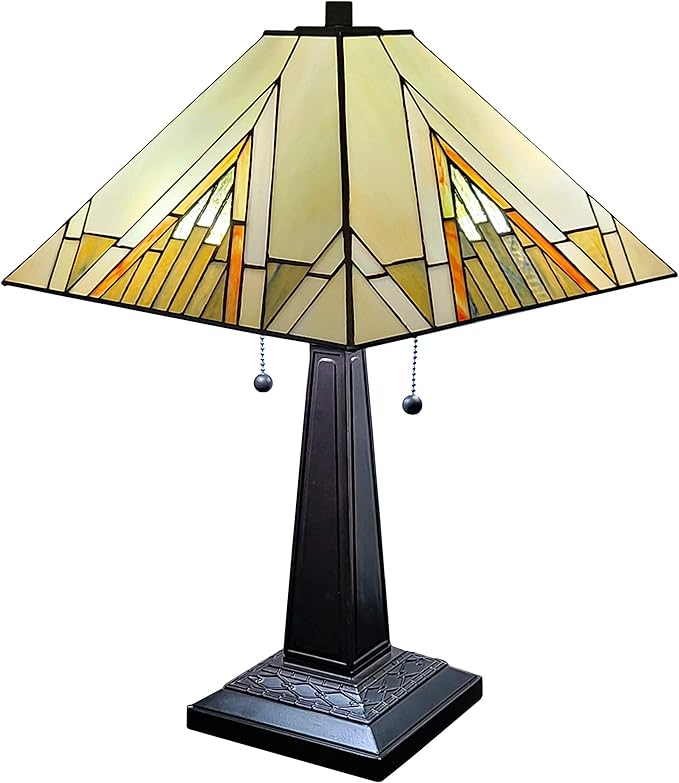 Tiffany Style Table Lamp Banker Mission 23" Tall Stained Glass Tan Brown Vintage Antique Light Décor Night Stand Living Room Bedroom Handmade Gift AM348TL14 Amora Lighting
