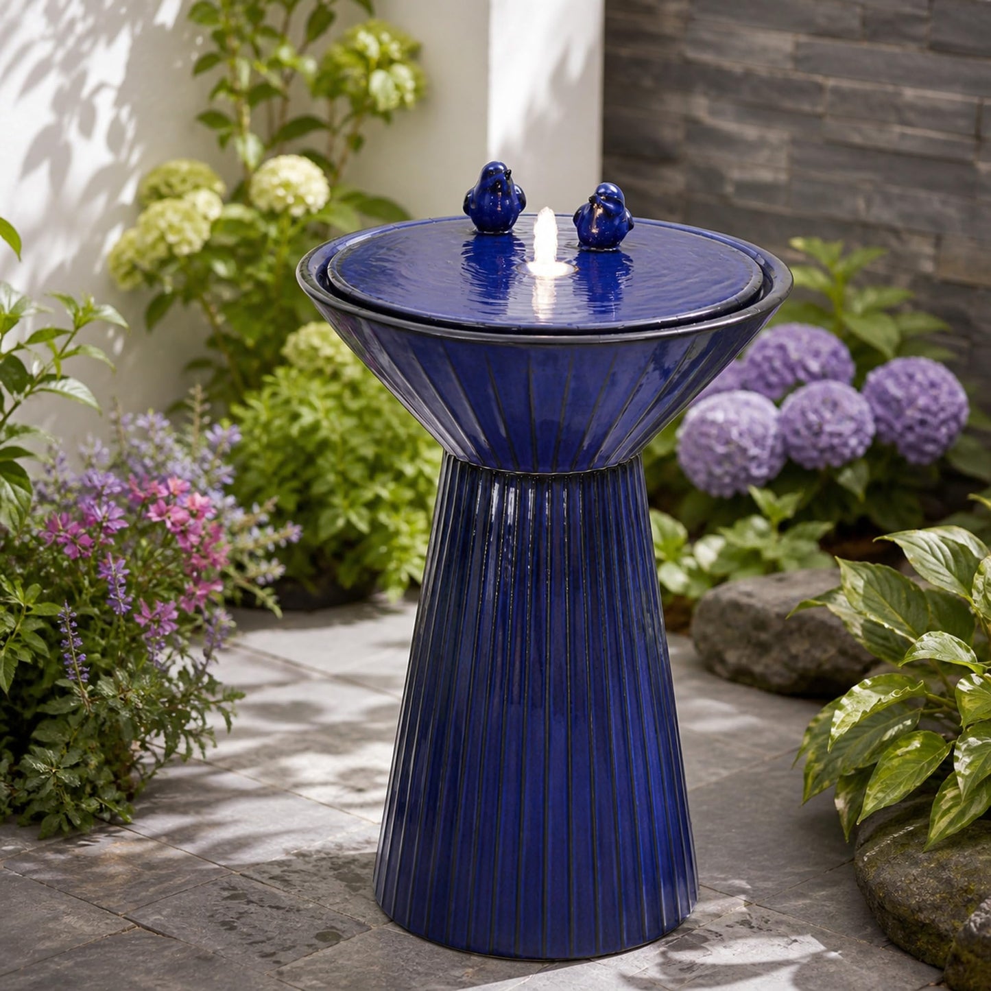 Autodaya 28" Ceramic Outdoor Water Fountain LED Birdbath
