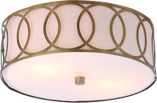JONATHAN Y 12.25" Brass Gold Modern Metal LED Flush Mount Ceiling Light for Bedroom Hallway, White Linen Drum Shade with Geometric Fretwork, LED Bulbs Included JYL3502A