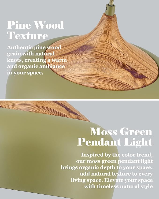ELYONA Vintage Pendant Light Fixtures with Faux Pine Wood Grain, 12 Inch Adjustable Hanging Light Moss Green Metal Shade, Mid Century Modern Nordic Pendant Lamp for Kitchen Island Dining Room Bedroom